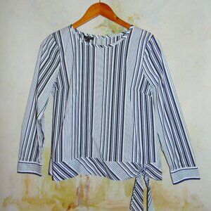 Talbots Structured Blouse Minimalist Black White Stripe Waist Tie Petite Medium